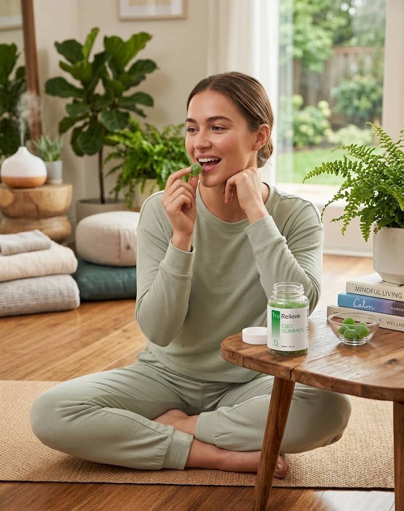 Woman enjoying Tru Relieve CBD gummies in a calm home setting